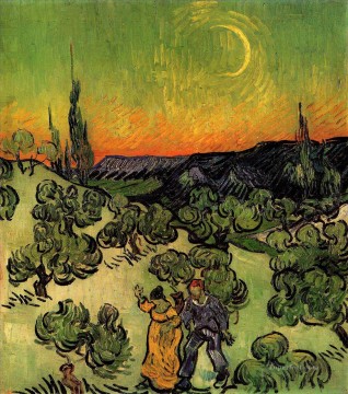 Vincent Van Gogh Painting - Paisaje con pareja caminando y luna creciente Vincent van Gogh